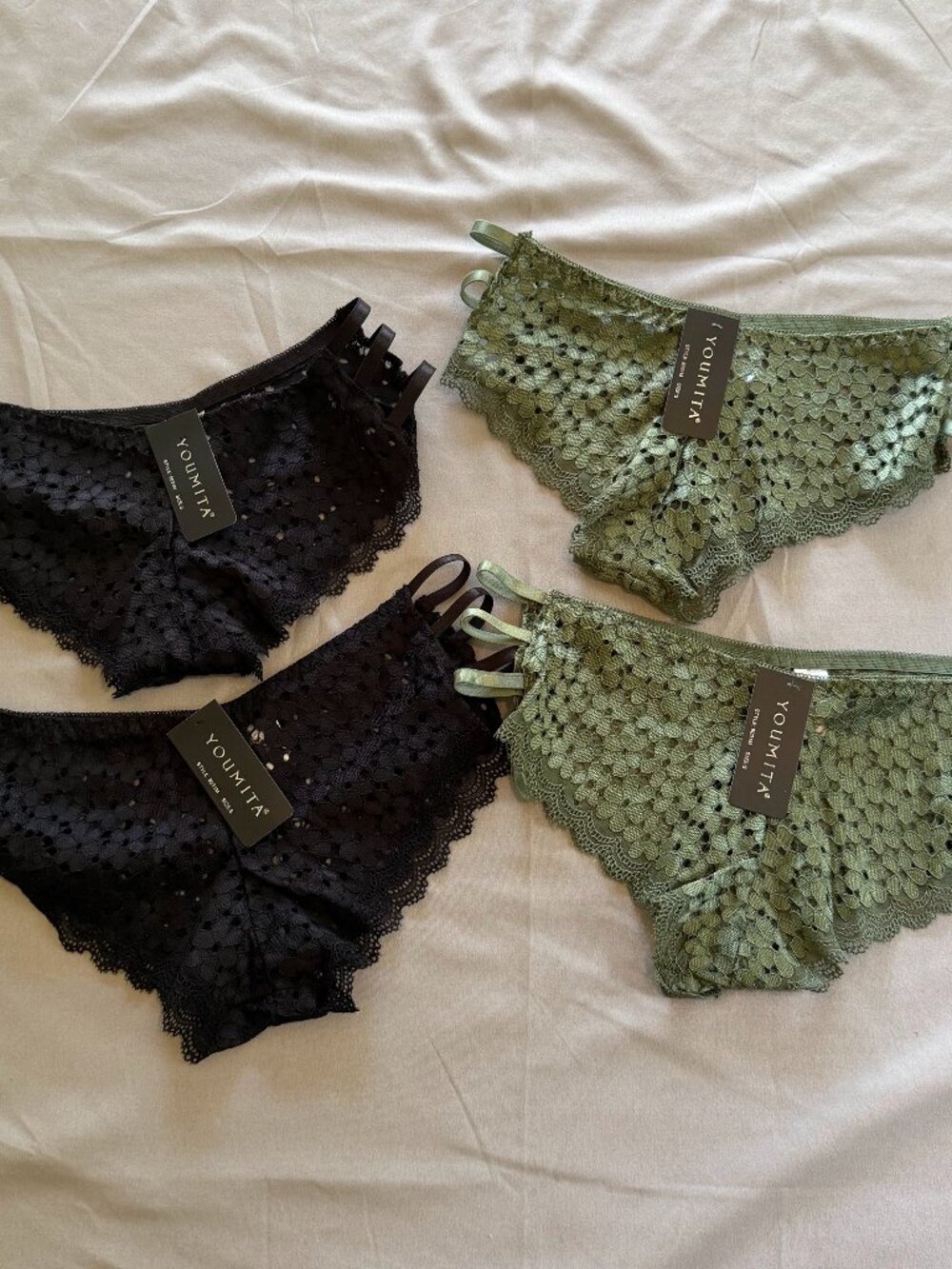 Set of 4 Youmita Woman’s Strappy Floral Underwear Panties NWT Sm 2 Black 2 Green